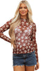 Red Mesh Star Print Mock Neck Sheath Long Sleeve Top