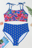 Blue Fashion Print Tied Straps Crop Vest and High Waist Plus Size Bikini