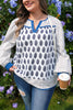 White Plus Size Boho Floral Print Contrast Trim Split Neck Puff Sleeve Patchwork Blouse