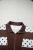 Brown Stripe Patchwork Polka Dot Accent Quarter Zip Long Sleeve Top