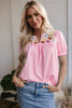 Pink Floral Embroidered Puff Sleeve Notched V Neck Blouse