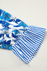 Sky Blue Floral Print Striped Patchwork Long Flounce Sleeve Ricrac Trim V Neck Blouse