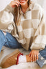 Light French Beige Checkered Pattern Polo Collar Loose Sweater