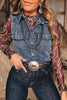 Ashleigh Blue Solid Denim Button Front Pocket Sleeveless Cowboy Vest