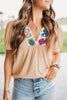 Pale Chestnut Crochet Floral V Neck Textured Short Sleeve Blouse