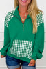 Racing Red Patchwork Plaid Pocket Quarter Zip Sweatshirt