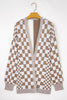 Brown Checkered Bubble Sleeve Drop Shoulder Open Cardigan