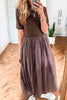 Coffee Short Sleeve Knit Top Patchwork Pleated Long Dress