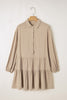 Tan Puff Sleeve Buttoned Tiered Pleated Shirt Mini Dress