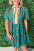 Green Contrast Trim V Neck Short Sleeve Floral Dress