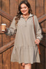 Khaki Stripe Zip up Collared Puff Sleeve Ruffled Plus Size Mini Dress