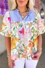 Multicolour Floral Print Striped Yoke Frilled V Neck Puff Short Sleeve Blouse