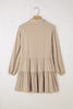 Tan Puff Sleeve Buttoned Tiered Pleated Shirt Mini Dress