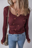 Burgundy Notched Neck Floral Print Ribbed Long Sleeve Top