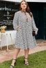 Khaki Plus Size Button V Neck Leopard Print Puff Sleeve Loose Mini Dress