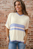 White Striped V Neck Dolman Sleeve Rib Knit Oversized Sweater with Slits