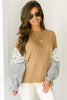Camel Floral Striped Patchwork Ruffled Sleeve Crew Neck Sweatshirt