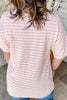 Pink Stripe Plus Size V Neck Exposed Seam Patchwork T Shirt