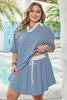 Blue Stripe Short Sleeve Collared V Neck Top Plus Size Skort Set