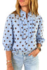 Sky Blue Polka Dot Print Ruffle Stand Neck 3/4 Sleeve Shift Shirt