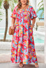 Rose Abstract Printed Puff Sleeve Square Neck Smocked Bust Tied Back Plus Size Dress