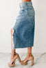 Myosotis Irregular Distressed Bottom Denim Midi Skirt