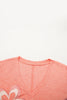 Fresh Salmon Floral Patchwork V Neck Long Sleeve T Shirt