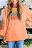 Grapefruit Orange Plaid Floral Patchwork Kangaroo Pocket Hooded Long Sleeve Top