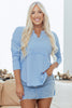Smoke Green Notched Neck Terry Raw Hem Long Sleeve Top