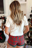 White Plaid Letter Print Short Sleeve Top Elastic Waist Pocket Shorts Lounge Set