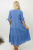 Dusk Blue Gingham Textured Bow Tie Short Sleeve Tiered Midi Dress