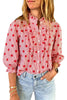 Sky Blue Polka Dot Print Ruffle Stand Neck 3/4 Sleeve Shift Shirt