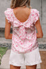 Pink Floral Ruffled Short Sleeve Bow Back Square Neck Blouse