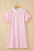 Pink Stripe Cuffed Short Sleeve Contrast Mock Neck Tee Dress
