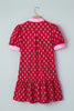 Red Floral Print Contrasted V Neck Short Bubble Sleeve Mini Dress