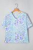 Sky Blue Leopard Print Short Sleeve V Neck Plus Size Top