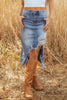 Myosotis Irregular Distressed Bottom Denim Midi Skirt