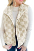 Khaki Sherpa Checkerboard Snap Button Vest Jacket With Pocket