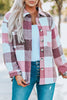 Pink Plaid Color Block Buttoned Long Sleeve Jacket with Pocket