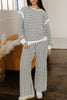 White Stripe Ruffle Trim Drop Shoulder Top Drawstring Loose Pant Set