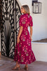 Red Floral Print Frilled V Neck Short Sleeve Ruffle Maxi Dress
