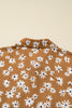 Khaki Plus Size Daisy Floral Print Button Split Neck Puff Sleeve Dress
