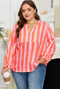 Pink Stripe Crinkled Half Buttons V Neck Plus Size Blouse