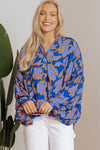 Blue Floral Print Batwing Sleeve Buttoned Loose Fit Shirt