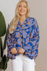 Blue Floral Print Batwing Sleeve Buttoned Loose Fit Shirt