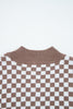 Dark Brown Half Button Ribbed Trim Checkerboard Knit Sweater