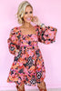 Pink Bohemian Square Neck Puff Sleeve Mini Dress