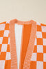 Orange Checkered Bubble Sleeve Drop Shoulder Open Cardigan