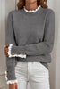 Racing Red Lace Trim Patchwork Buttoned Cuffs Loose Sweater