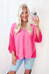 Sachet Pink Contrast Patchwork 3/4 Sleeve V Neck Loose Blouse